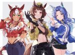  3girls absurdres ahoge animal_ears bare_shoulders black_gloves black_pants black_shorts blue_hair blue_jacket blue_pants blurry blush breasts brown_hair byerley_turk_(umamusume) cleavage closed_mouth dark-skinned_female dark_skin darley_arabian_(umamusume) depth_of_field ear_covers ear_ornament from_below garrison_cap gloves godolphin_barb_(umamusume) green_eyes grey_background hand_up hat high_collar highres horse_ears horse_girl horse_tail horseshoe_ornament index_finger_raised jacket jewelry long_hair long_sleeves looking_at_viewer medium_breasts midriff misoni_(mi_so_ni_t) multicolored_hair multiple_girls navel necklace off-shoulder_shirt off_shoulder one_eye_closed open_clothes open_jacket outstretched_hand pants parted_bangs peaked_cap purple_eyes red_shirt scar scar_across_eye scarf shirt short_hair short_shorts shorts sidelocks simple_background smile streaked_hair suspenders tail track_jacket umamusume white_hair white_scarf yellow_headwear yellow_jacket 