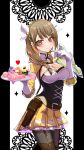  1girl black_corset braid braided_ponytail breasts brown_eyes brown_hair cleavage corset cupcake finger_to_mouth fire_emblem fire_emblem_engage flower food garter_straps gloves goldmary_(fire_emblem) hair_over_shoulder hair_ribbon hair_tie heart highres holding holding_plate large_breasts looking_at_viewer medium_hair mu_tu_bu pantyhose pink_flower pink_rose plate pleated_skirt ribbon rose skirt smile solo sweets thighhighs white_gloves 