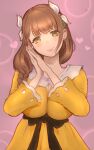  1girl braid brown_hair closed_mouth dress earrings fire_emblem fire_emblem_engage goldmary_(fire_emblem) hair_ornament hair_over_shoulder highres jewelry long_hair long_sleeves looking_at_viewer ruo_candyyyy side_braid simple_background solo upper_body yellow_dress yellow_eyes 