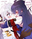  6_(yuchae) ahoge arm_scarf arrow_(symbol) black_gloves black_headwear blue_hair blue_scarf blush bronya_rand brown_gloves closed_eyes closed_mouth commentary_request ear_blush fingerless_gloves gloves grey_eyes grey_hair hair_between_eyes honkai:_star_rail honkai_(series) hug korean_text long_hair one_eye_closed open_mouth scarf seele_(honkai:_star_rail) simple_background speech_bubble sweatdrop translation_request upper_body v-shaped_eyebrows white_background yuri 