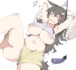  1girl 1other alternate_costume animal_ear_fluff animal_ears armpits arms_up black_hair black_pubic_hair breasts closed_eyes drooling eggplant fang feet_out_of_frame female_pubic_hair grey_tank_top hair_between_eyes hair_ornament hairclip hand_on_another&#039;s_thigh highres hololive huge_breasts long_bangs long_hair multicolored_hair navel nipple_slip nipples no_panties ookami_mio open_mouth pillow pubic_hair pubic_hair_peek red_hair saba_lewd shorts sidelocks simple_background skin_fang sleep_molestation sleeping tail tank_top underboob very_long_hair virtual_youtuber white_background wolf_ears wolf_girl wolf_tail yellow_shorts zzz 