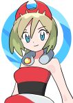  1girl absurdres aqua_eyes bare_arms blonde_hair closed_mouth collar commentary_request eyelashes hairband highres irida_(pokemon) looking_at_viewer pokefia pokemon pokemon_(game) pokemon_legends:_arceus red_hairband red_shirt sash shirt short_hair smile solo strapless strapless_shirt upper_body 