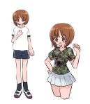 1girl black_socks blue_shorts brown_eyes camouflage camouflage_shirt closed_mouth cropped_legs girls_und_panzer green_shirt gym_shirt gym_shorts gym_uniform hand_on_own_chest hand_on_own_hip highres light_frown looking_at_viewer looking_to_the_side miniskirt multiple_views nishizumi_miho open_mouth pleated_skirt ri_(qrcode) shirt shoes short_hair short_sleeves shorts simple_background single_vertical_stripe skirt smile sneakers socks standing sweatdrop t-shirt uwabaki white_background white_footwear white_shirt white_skirt 