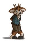  anthro antlers black_clothing black_shirt black_topwear blue_clothing blue_eyes blue_shirt blue_topwear bottomwear brown_body brown_fur clothing darwin_(tinydeerguy) deer fur grey_bottomwear grey_clothing grey_pants hands_behind_back hi_res hooves horn male mammal pants shadow shirt shorts shy signature simple_background smile solo tan_body tan_fur tinydeerguy topwear white_background 