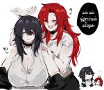  2girls absurdres afterimage age_conscious black_choker black_hair breasts choker cleavage commentary hair_between_eyes head_bump highres honey_(kurenaiz1) huge_breasts k_(kurenaiz1) kurenaiz1 long_hair mole mole_on_breast mother_and_daughter multiple_girls orange_eyes original red_hair shirt sleeveless sleeveless_shirt thai_text translation_request 