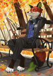  2022 anthro autumn autumn_leaves barefoot bench black_bottomwear black_clothing black_ears black_nose black_pants black_sclera black_suit blue_clothing blue_shirt blue_topwear bottomwear canid canine closed_smile clothed clothing digitigrade feet fox fur gloves_(marking) green_eyes green_inner_ear green_tail_tip hi_res kneev leg_markings looking_at_viewer male mammal markings mouth_closed narrowed_eyes outside pants park park_bench plant red_body red_fur scarf shirt sitting_on_bench smile socks_(marking) solo suit three-quarter_view topwear tree victor_johansen wearing_sunglasses 