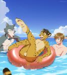  absurd_res balls beastars blue_eyes brown_hair butt cheetah fan_character felid feline genitals hair hi_res human inflatable inner_tube legoshi_(beastars) male mammal nude smile swimming tommysamash 