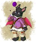  antennae_(anatomy) anthro backpack black_body black_fur black_hair blue_eyes bottomwear clothed clothing eyewear fantasy final_fantasy fur glasses hair hi_res hzfow jewelry looking_at_viewer male male/male mammal medal moogle moogle_(character) pants pink_nose pom_antennae purple_clothing simple_background smile solo square_enix wings 