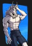  anthro ao_lie asian_mythology blue_bottomwear blue_clothing blue_eyes blue_jeans blue_pants bottomwear clothing denim denim_clothing dragon east_asian_mythology eastern_dragon fei_ren_zai_(non_human) grey_hair hair hi_res horn inugatami jeans looking_at_viewer male mane muscular muscular_male mythology pants solo sparkles touching_hair wet wet_body white_body 