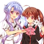  2girls ahoge ascot black_ascot black_jacket blue_butterfly blue_hair blush bow braid brown_hair bug butterfly chinese_commentary collared_shirt commentary_request company_connection crown_braid eyelashes eyes_visible_through_hair hair_between_eyes jacket key_(company) little_busters! lliissaawwuu2 long_hair long_sleeves looking_at_animal looking_at_another multiple_girls natsume_rin own_hands_together parted_lips pink_bow pink_ribbon ponytail puffy_short_sleeves puffy_sleeves red_eyes ribbon sailor_collar school_uniform shirt short_sleeves side-by-side sidelocks simple_background sorakado_ao summer_pockets upper_body very_long_hair wavy_hair white_background white_sailor_collar white_shirt 