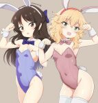  2girls animal_ears armpits blonde_hair blue_bow blue_bowtie blue_leotard bow bowtie breasts brown_background brown_eyes brown_hair cleavage clenched_hands collarbone commentary_request covered_navel cowboy_shot detached_collar fake_animal_ears fake_tail flat_chest green_eyes groin hair_between_eyes hair_bow hands_up highleg highleg_leotard highres idolmaster idolmaster_cinderella_girls leotard light_blush long_hair looking_at_viewer medium_hair multiple_girls open_mouth paw_pose pink_bow pink_bowtie pink_leotard playboy_bunny rabbit_ears rabbit_tail sakurai_momoka sidelocks small_breasts smile tachibana_arisu tail tamayan thighhighs thighs twitter_username wavy_hair white_thighhighs wrist_cuffs 