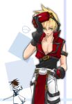  belt belt_buckle blonde_hair blue_eyes buckle chibi cosplay forehead_protector guilty_gear guilty_gear_x kinomin ky_kiske ky_kiske_(cosplay) lowres male_focus multiple_belts pants red_vest sol_badguy sol_badguy_(cosplay) vest white_pants 