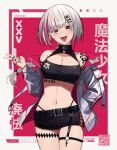  1girl bare_shoulders belt belt_collar braid braided_ponytail breasts choker cleavage collar collarbone contrapposto crop_top cross cross-laced_clothes cross-laced_shorts earrings fangs garter_straps grey_hair hand_in_pocket high_collar highres jacket jewelry kuroko1604 large_breasts latin_cross long_hair looking_at_viewer midriff multicolored_hair multiple_rings navel o-ring open_clothes open_jacket original panty_straps piercing race_queen red_eyes ring short_shorts shorts smile solo streaked_hair tattoo thigh_gap thigh_strap tongue tongue_out tongue_piercing v 