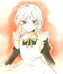  1girl apron blush bow bowtie braid breasts closed_mouth commentary_request green_bow hair_bow izayoi_sakuya long_hair long_sleeves looking_at_viewer maid maid_headdress painting_(medium) red_eyes small_breasts solo touhou traditional_media twin_braids yonu_(yonurime) 