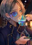  1boy artist_name blue-tinted_eyewear blue_eyes blue_jacket blue_shirt broken_hourglass buttons collared_jacket collared_shirt commentary crescent crescent_pin cup ear_piercing english_commentary eyelashes gold_trim grey_hair high_collar highres holding holding_cup holding_plate hoshi-pan indoors jacket lapels long_sleeves looking_at_object making-of_available male_focus mole mole_under_eye monocle open_clothes open_jacket original painttool_sai_(medium) parted_lips piercing plate round_eyewear shirt short_hair solo tea teeth thick_eyebrows tinted_eyewear upper_body window yellow-framed_eyewear 