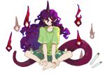  1girl aaayamitsu absurdres barefoot chinese_commentary closed_mouth commentary_request crossed_ankles curly_hair flat_chest green_shorts hair_between_eyes highres hitodama horns lizard_tail long_hair looking_at_viewer purple_hair red_eyes shirt shorts simple_background single_horn sitting smile solo t-shirt tail tenkajin_chiyari touhou white_background 