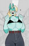  accessory anthro big_breasts blonde_hair blue_body blue_eyes blush bottomwear breasts canid canine clothed clothing denim denim_clothing female fox hair hair_accessory hi_res ippan_josei jeans mammal my_hero_academia nipples open_mouth pants sincastermon solo unknown_species 