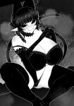  1girl animal_ears blunt_bangs bow bra braid breasts cat_ears cat_girl cat_tail cleavage closed_mouth commentary_request curvy elbow_gloves extra_ears full_body gloves greyscale hair_bow haseru_(ginku_mh) huge_breasts kaenbyou_rin looking_at_viewer medium_hair monochrome multiple_tails nekomata panties pointy_ears side_braids smile solo tail touhou twin_braids two_tails underwear 