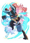  :d :o absurdres animal_focus aura black_fur blue_fur body_fur commentary energy energy_ball evolutionary_line fighting_stance full_body highres holding kakashino_kakato leg_up looking_at_viewer lucario mega_lucario mega_pokemon multicolored_fur no_humans open_mouth pokemon pokemon_(creature) red_eyes riolu sharp_teeth simple_background smile snout solo spikes standing tail teeth v-shaped_eyebrows white_background yellow_fur 