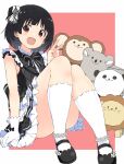  1girl arm_support black_dress black_hair blush brown_eyes dress frilled_dress frills gloves grid_background hair_ribbon highres hugging_own_legs idolmaster idolmaster_million_live! idolmaster_million_live!_theater_days knees_together_feet_apart koala lion looking_at_viewer mary_janes monkey nakatani_iku one_side_up open_mouth panda papercraft rauto red_background ribbon shoes short_hair short_sleeves smile socks solo unconventional_media v white_gloves white_ribbon white_socks 