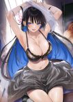  1girl armpits arms_up black_bra black_hair blue_eyes blue_hair blush bra breasts character_request check_character check_copyright cleavage colored_inner_hair copyright_request grey_skirt hair_ornament highres himegami_rizeru kakao_(chocolate_land) large_breasts long_hair looking_at_viewer maou_gakuen_no_hangyakusha_~_jinruihatsu_no_maou_kouho_kenzoku_shoujo_to_ouza_o_mezashite_nariagaru_~ multicolored_hair navel second-party_source shirt sitting skirt smile solo underwear undressing white_shirt 