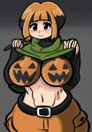  1girl absurdres blush bodypaint breasts brown_shorts closed_mouth clothes_lift desgardes gardenia_(pokemon) halloween highres large_breasts midriff multicolored_hair navel orange_eyes orange_shorts paintbrush pokemon pokemon_(game) pokemon_dppt poncho shorts smile two-tone_hair 