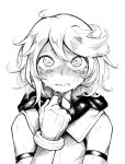  1girl aygoftenover bare_shoulders blush bracelet gloves greyscale hair_between_eyes hand_up highres hooded_leotard jewelry messy_hair monochrome short_hair shy_(character) shy_(series) solo sweat tears 