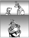  2023 5_fingers anthro canid canine canis clothed clothing comic daniel_porter digit_ring dobermann domestic_dog duo embrace eye_contact eyes_closed eyewear father_(lore) father_and_child_(lore) father_and_son_(lore) finger_ring fingers greyscale hi_res hladilnik hug humanoid_hands jewelry looking_at_another looking_down_at_another looking_up_at_another male mammal monochrome parent_(lore) parent_and_child_(lore) parent_and_son_(lore) pinscher ring size_difference sleeveless_shirt smile son_(lore) sunglasses wedding_ring 