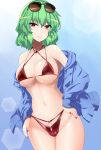  1girl bare_shoulders between_breasts bikini breasts closed_mouth cowboy_shot eyewear_on_head green_hair hair_between_eyes hands_on_own_hips kazami_yuuka large_breasts light_blush light_smile looking_at_viewer medium_hair nail_polish off_shoulder red_bikini red_eyes red_nails solo sunglasses swimsuit touhou y2 