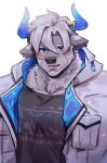  1boy animal_ears animal_nose bara beard big_foot_(housamo) black_shirt blue_eyes blue_horns blurry commentary cow_ears doku_(hitori_ox) facial_hair furry furry_male hair_between_eyes highres hood hood_down hooded_jacket horns jacket male_focus minotaur muscular muscular_male open_mouth shirt short_hair simple_background smile solo tokyo_afterschool_summoners upper_body white_fur white_hair 