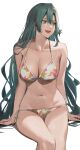  1girl aqua_hair bare_legs bare_shoulders bikini braid breasts chloe_(fire_emblem) cleavage fire_emblem fire_emblem_engage floral_print green_eyes highres j@ck large_breasts long_hair navel simple_background sitting smile solo string_bikini swimsuit thighs very_long_hair white_background 