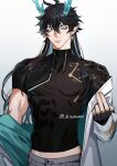  1boy abs artist_name bishounen black_gloves black_hair black_shirt blue_eyes cowboy_shot dan_heng_(honkai:_star_rail) dragon_boy dragon_horns eriimyon fingerless_gloves gloves highres honkai:_star_rail honkai_(series) horns male_focus midriff_peek shirt short_hair solo toned toned_male 