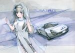  1girl breasts brown_eyes brown_hair commentary_request dress grey_dress hands_up hi_fumiyo highres long_hair looking_at_viewer medium_breasts original parted_lips personification see-through sleeveless sleeveless_dress solo toyota_mr2 traditional_media veil very_long_hair 