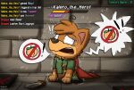 anthro bodily_fluids breath_cloud brown_body brown_fur canid canine canis cape clothed clothing detailed_background dipstick_limbs domestic_dog emanata fur gameplay_mechanics head_tuft hi_res male mammal melee_weapon solo stuck suggestive sweat sweatdrop sword tears through_floor tuft watermark weapon zandermanith 