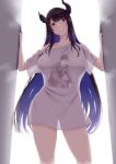  1girl black_hair brown_eyes dragon_horns grin head_tilt highres hololive hololive_english horns long_hair looking_at_viewer multicolored_hair nerissa_ravencroft print_shirt purple_hair see-through see-through_silhouette shirt smile solo teeth vialnite white_shirt yagoo 