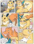 absurd_res anthro anthro_on_anthro anthro_penetrated anthro_penetrating anthro_penetrating_anthro areola biped blue_eyes bodily_fluids breasts charizard charizard_seven comic cum cum_in_pussy cum_inflation cum_inside dialogue duo eeveelution english_text female female_penetrated gender_swap_potion gender_transformation generation_1_pokemon genital_fluids genitals green_eyes hi_res inflation jolteon levin_(dustedeevee) male male/female male_penetrating male_penetrating_female mtf_transformation nintendo nipples orange_body penetration pokemon pokemon_(species) profanity pussy sex speech_bubble spicykiwi text transformation vaginal vaginal_penetration 