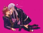  1boy 1girl :d ahoge black_footwear black_gloves black_pants black_ribbon black_skirt blush braid brown_hair danganronpa:_trigger_happy_havoc danganronpa_(series) dated eye_contact gloves grey_hair hair_ribbon heart hetero highres hood hood_down jacket kirigiri_kyoko kneeling long_hair long_sleeves looking_at_another naegi_makoto open_clothes open_jacket pants pink_background pleated_skirt purple_jacket ribbon roza_(tanukiracoon427) shoes short_hair side_braid simple_background single_braid skirt smile sweat teeth upper_teeth_only 