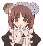  1girl alternate_costume animal_ears apron bandaged_hand bandages bandaid bandaid_on_hand bear_ears black_dress boko_(girls_und_panzer) boko_(girls_und_panzer)_(cosplay) brown_eyes brown_hair collared_dress commentary cosplay dress enmaided fake_animal_ears finger_to_mouth girls_und_panzer juliet_sleeves long_sleeves looking_at_viewer maid maid_apron maid_headdress nishizumi_miho puffy_sleeves ri_(qrcode) short_hair simple_background solo upper_body white_apron white_background 