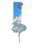  1girl :d absurdres balloon blonde_hair blue_eyes blue_sky bow cloud dress floating hair_bow highres holding holding_balloon long_hair looking_at_viewer midair open_mouth original potatomochii sky smile solo white_bow white_dress 