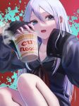  1girl bare_legs blue_eyes collarbone cup_ramen feet_out_of_frame food grey_hair grey_jacket hair_between_eyes highres holding holding_food jacket looking_at_viewer open_mouth project_sekai red_ribbon ribbon sakurano.neko sidelocks sleeves_past_fingers sleeves_past_wrists smile solo swept_bangs yoisaki_kanade zipper_pull_tab 