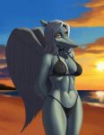  anthro beach bikini blue_body choker clothing dinosaur fang_(gvh) feathered_wings feathers female goodbye_volcano_high hair hi_res jewelry long_hair long_snout looking_at_viewer makeup navel necklace orange_eyes pterodactylus pterosaur reptile scalie seaside silver_hair snoot_game_(fan_game) snout solo swimwear wings 