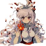  bow breasts bright_pupils closed_mouth collared_shirt fire fujiwara_no_mokou hair_bow hand_up large_breasts light_frown long_hair looking_at_viewer pants pyrokinesis red_eyes red_pants shirt short_hair simple_background suspenders touhou upper_body white_background white_bow white_hair white_pupils white_shirt youshouhaoxianzhe 