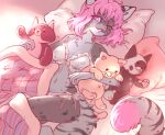 anthro bed belly breasts clothing cuddling_plushie domestic_cat felid feline felis female fluffy fur furniture fynnley_(character) hair hi_res littlesis lying mammal mixed_breed multi_nipple navel nipples on_back on_bed pillow pink_eyes pink_hair plushie savannah_cat small_breasts smile smiling_at_viewer solo spots spotted_body spotted_fur striped_body striped_fur stripes white_belly 