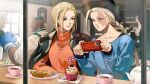  2girls blue_eyes boxing_gloves braid cafe cammy_white casual cellphone coffee_cup cup cupcake dark-skinned_male dark_skin decapre disposable_cup dudley food hat highres jacket jacket_on_shoulders jewelry leather leather_jacket multiple_girls necklace official_art phone scar scar_on_face smartphone smile street_fighter street_fighter_6 street_fighter_iii_(series) street_fighter_iv_(series) sweater turtleneck turtleneck_sweater twin_braids union_jack 