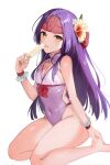  1girl :p bare_legs bare_shoulders barefoot breasts cleavage commentary_request fire_emblem fire_emblem:_radiant_dawn flower food groin hair_flower hair_ornament hand_up haru_(nakajou-28) headband highres holding holding_food long_hair looking_at_viewer one-piece_swimsuit popsicle purple_hair purple_one-piece_swimsuit sanaki_kirsch_altina seiza shawl simple_background sitting solo swimsuit thighs tongue tongue_out very_long_hair white_background yellow_eyes yellow_flower 