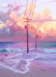  beach cloud cloudy_sky commentary english_commentary full_moon horizon jubilee_(8px) moon no_humans ocean original outdoors pixel_art power_lines rock sand scenery sky sunset transformer utility_pole water waves 
