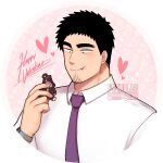  1boy bite_mark black_hair blush collared_shirt cropped_torso facial_hair goatee happy_valentine heart male_focus mature_male necktie panqlao purple_necktie salaryman senpai_ga_uzai_kouhai_no_hanashi shirt short_hair sideburns smile solo stubble takeda_harumi_(shiromanta) thick_eyebrows white_shirt 