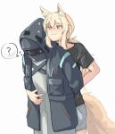  1girl 1other :3 ? absurdres ambiguous_gender animal_ear_fluff animal_ears arknights arm_behind_back black_coat black_shirt blonde_hair blush closed_mouth coat doctor_(arknights) extra_ears hair_between_eyes heart highres hood hood_up hooded_coat horse_ears horse_girl horse_tail hug hug_from_behind long_hair long_sleeves low_ponytail nearl_(arknights) orange_eyes seung-aeja shirt simple_background speech_bubble spoken_question_mark sweatdrop tail white_background 