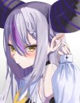  1girl bare_shoulders black_horns braid braided_bangs ear_piercing fang grey_hair highres hololive horns la+_darknesss la+_darknesss_(1st_costume) long_hair multicolored_hair noviceeeeeeee piercing pointy_ears purple_hair skin_fang streaked_hair striped_horns virtual_youtuber 