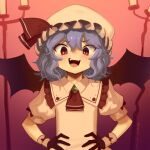  1girl :d ascot bat_wings black_gloves blue_hair boa_(brianoa) english_commentary fangs frilled_sleeves frills gloves hands_on_own_hips hat highres medium_hair mob_cap puffy_short_sleeves puffy_sleeves red_ascot red_eyes remilia_scarlet short_sleeves smile solo touhou white_headwear wings 